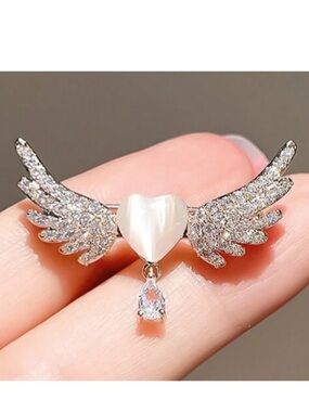 Vintage Style Angel Wing Brooch | Rhinestone Heart & Water Drop Gemstone Pin